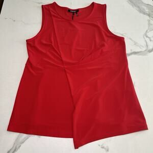 DKNY Sleeveless Red Top Stretch Front Rouch Round Neck Blouse Womens Medium NWT